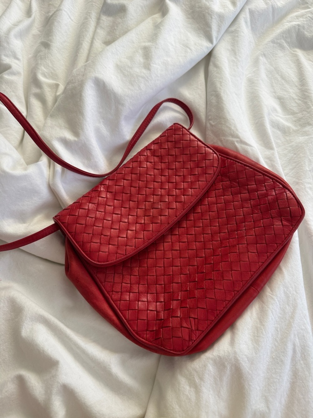Vintage Bottega Veneta Red Woven Leather Shoulder Bag
